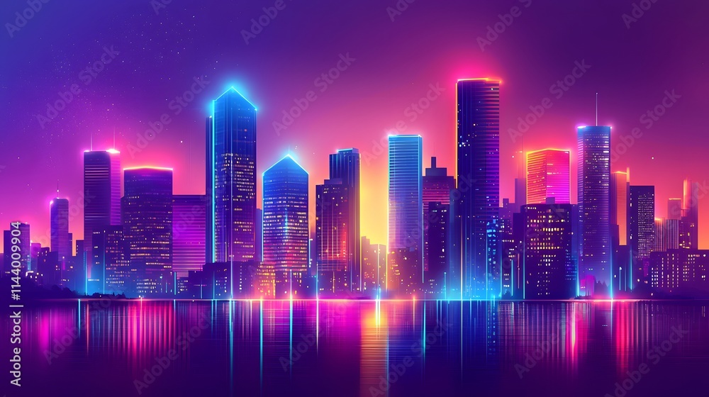 Urban metropolis skyline silhouette at night with illuminated skyscrapers Urban metropolis skyline silhouette at night with illuminated skyscrapers