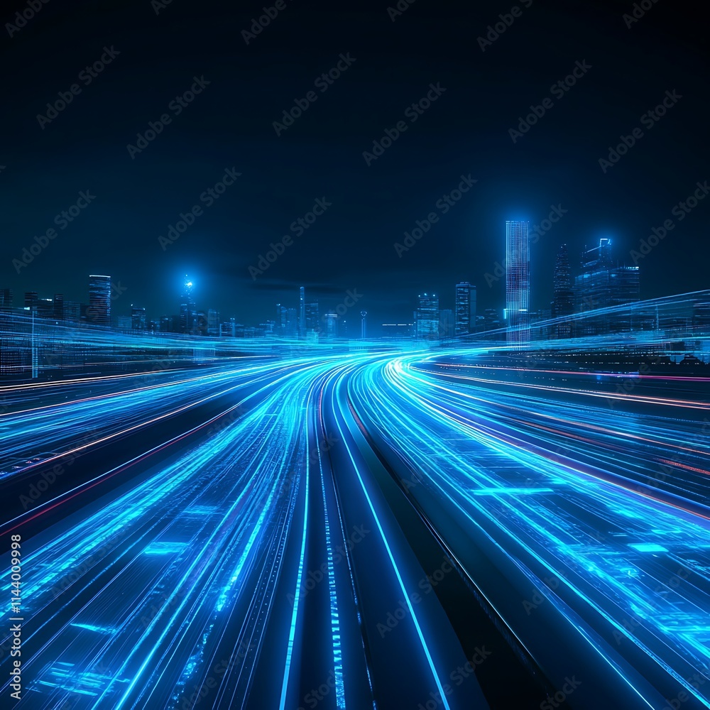 Futuristic Cityscape with Neon Light Trails and High-Speed Motion at Night