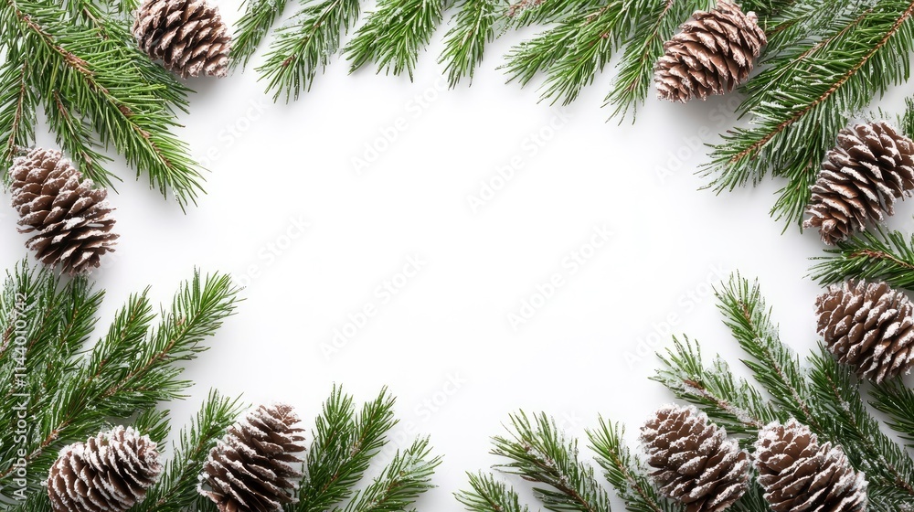 Festive Winter Frame of Pine Branches and Pinecones on White Background Festive Winter Frame of Pine Branches and Pinecones on White Background
