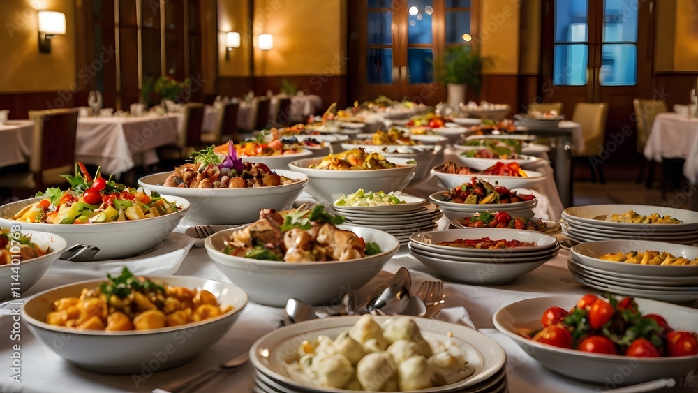 Elegant buffet spread in a restaurant, rows of dishes with vibrant colors, warm indoor lighting, Elegant buffet spread in a restaurant, rows of dishes with vibrant colors, warm indoor lighting,