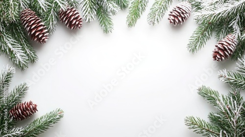 Festive Winter Frame with Snow-Covered Pine Branches and Cones on White Background