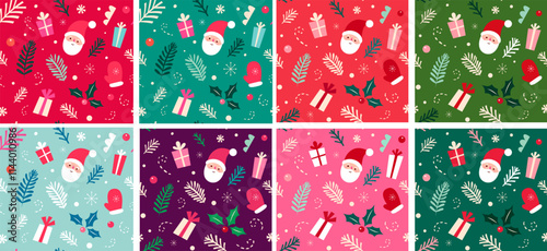 New Year and Christmas seamless patterns with holiday symbols and elements. Christmas and New Year vector backgrounds