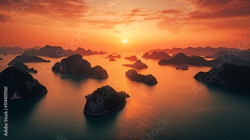 Majestic Sunrise Over Ang Thong National Marine Park s Enchanting Island Archipelago in Thailand s Gulf of Siam Offering a Breathtaking Seascape of Turquoise Waters and Dramatic Limestone Formations photo