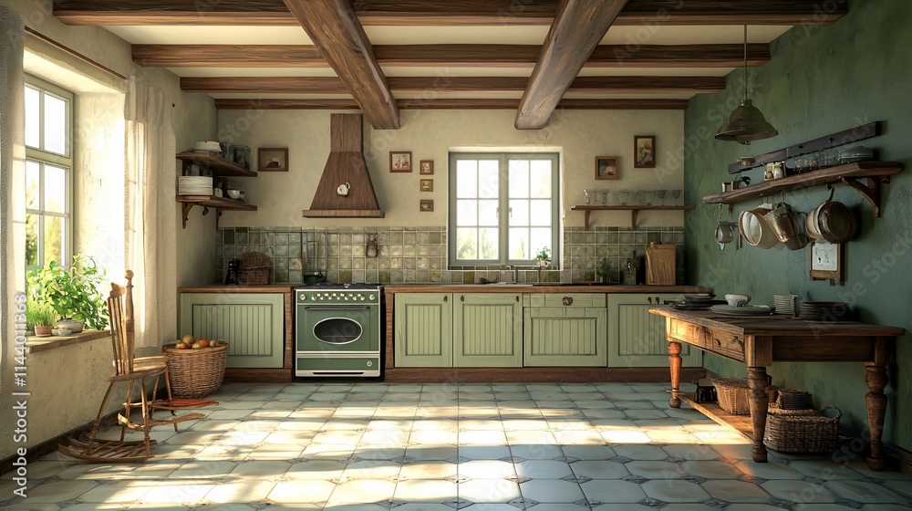 Fototapeta premium Rustic kitchen with wooden beams, green cabinets, and sunlit floor.