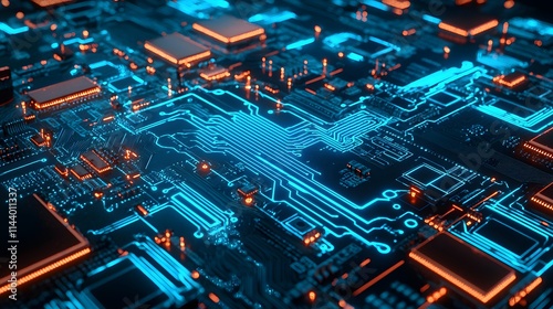 Close-up macro shot of a green PCB with intricate circuitry, showcasing the complex electronic components like chips and processors, crucial for computer hardware and the digital technology industry