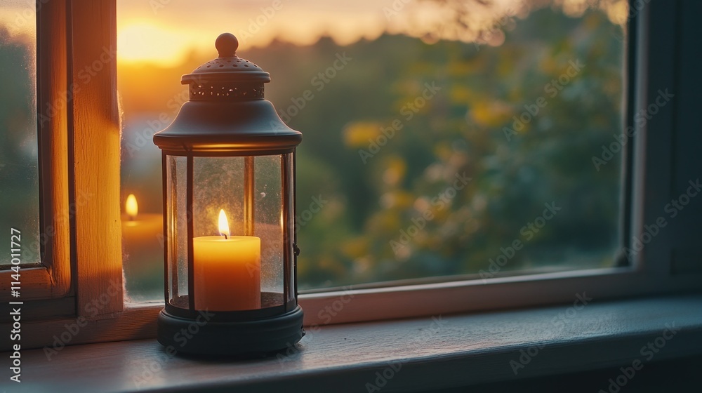 Lit candle in glass lantern on windowsill at sunset. Lit candle in glass lantern on windowsill at sunset.