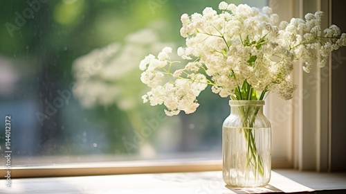 A gentle ethereal bouquet of fresh white baby s breath flowers displayed in a simple glass jar placed on a windowsill creating a serene and tranquil atmosphere photo