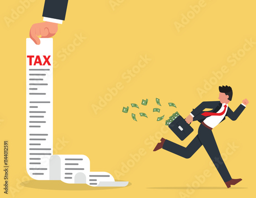 Tax evasion, illegal hide revenue and avoid paying government tax. Businessman runs away with a bag full of banknotes