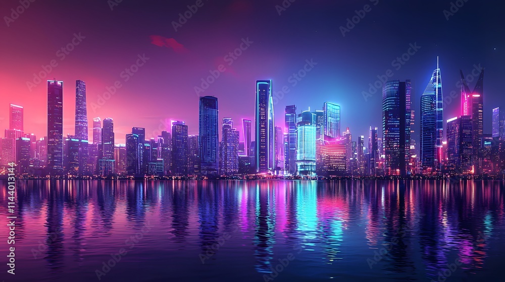 Fototapeta premium A vibrant cityscape at night with illuminated skyscrapers reflecting in the calm waters of the harbor