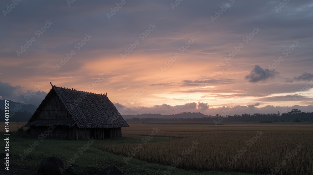 Rustic wooden hut in a rice paddy field at sunset Rustic wooden hut in a rice paddy field at sunset