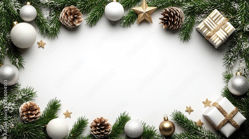 Elegant Christmas Frame with Gold and Silver Ornaments, Pine Branches, and Gifts on White Background Elegant Christmas Frame with Gold and Silver Ornaments, Pine Branches, and Gifts on White Background