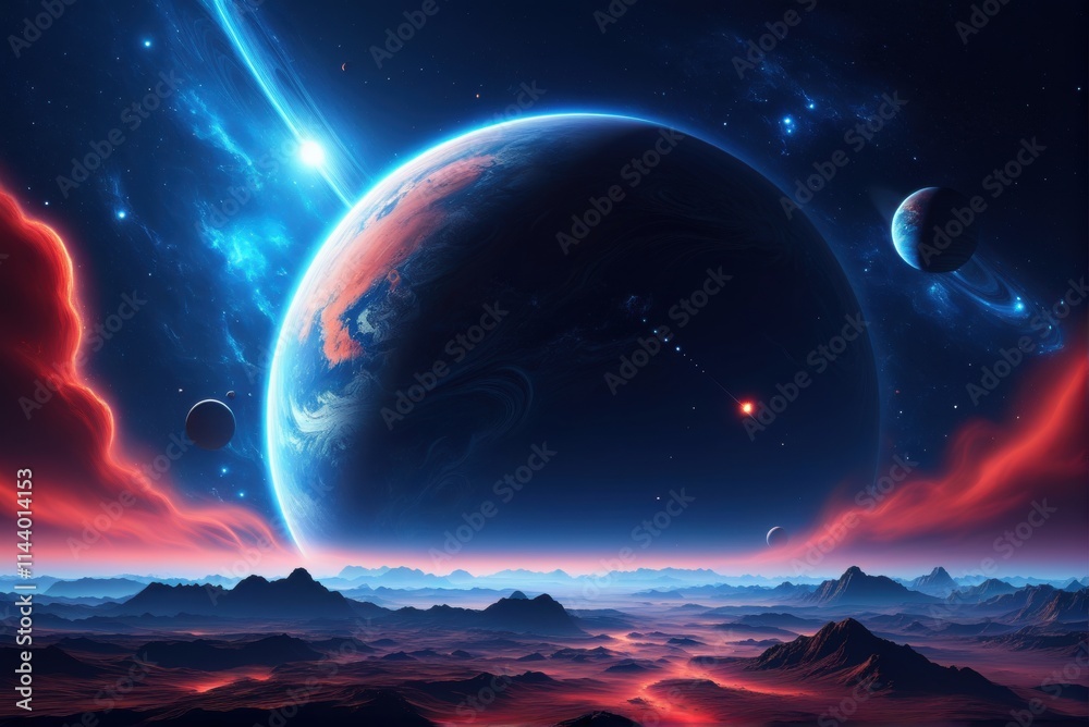 A breathtaking view of a celestial landscape, featuring a vibrant planet, a smaller moon, and a breathtaking sunset over a sea of fluffy clouds. A breathtaking view of a celestial landscape, featuring a vibrant planet, a smaller moon, and a breathtaking sunset over a sea of fluffy clouds.