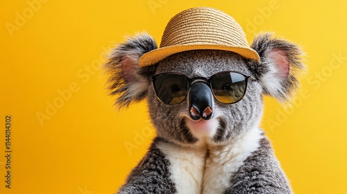 Cheerful koala sporting sunglasses and a beach hat, with a sunny yellow background, capturing the essence of summer adventures and vacation vibes. photo