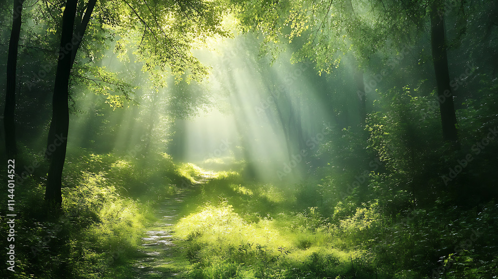 A soft-focus view of natural green foliage in a forest, creating a serene and refreshing atmosphere A soft-focus view of natural green foliage in a forest, creating a serene and refreshing atmosphere