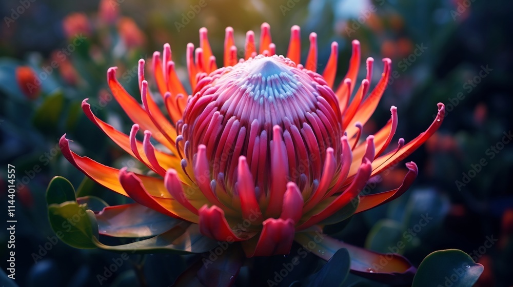 Stunning close up shot of a vibrant protea flower in full bloom set against a lush and exotic natural backdrop  The image showcases the flower s intricate petals vivid colors