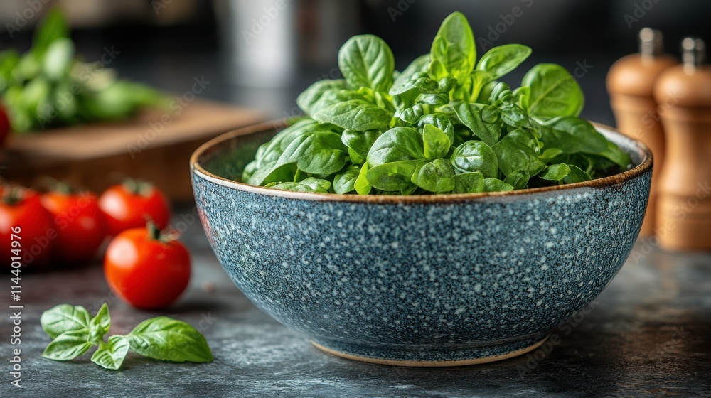 A bowl of fresh basil surrounded by tomatoes and herbs, showcasing vibrant ingredients. A bowl of fresh basil surrounded by tomatoes and herbs, showcasing vibrant ingredients.
