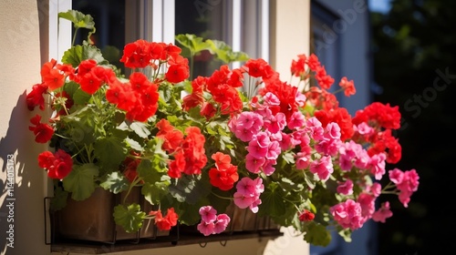 Vibrant and colorful geraniums in full bloom spilling over the sides of a wooden window box framed by a bright and sunny window