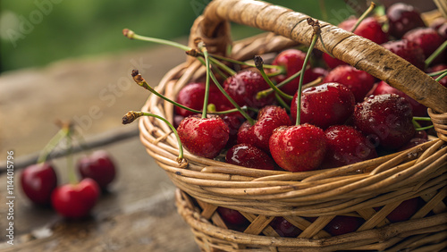 Ripe juicy cherries, with water droplets, in a basket - close-up.