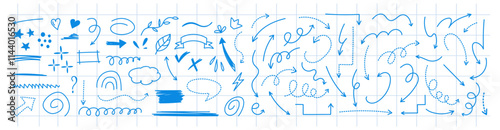 Sketch doodle arrows and symbols on blue checkered background