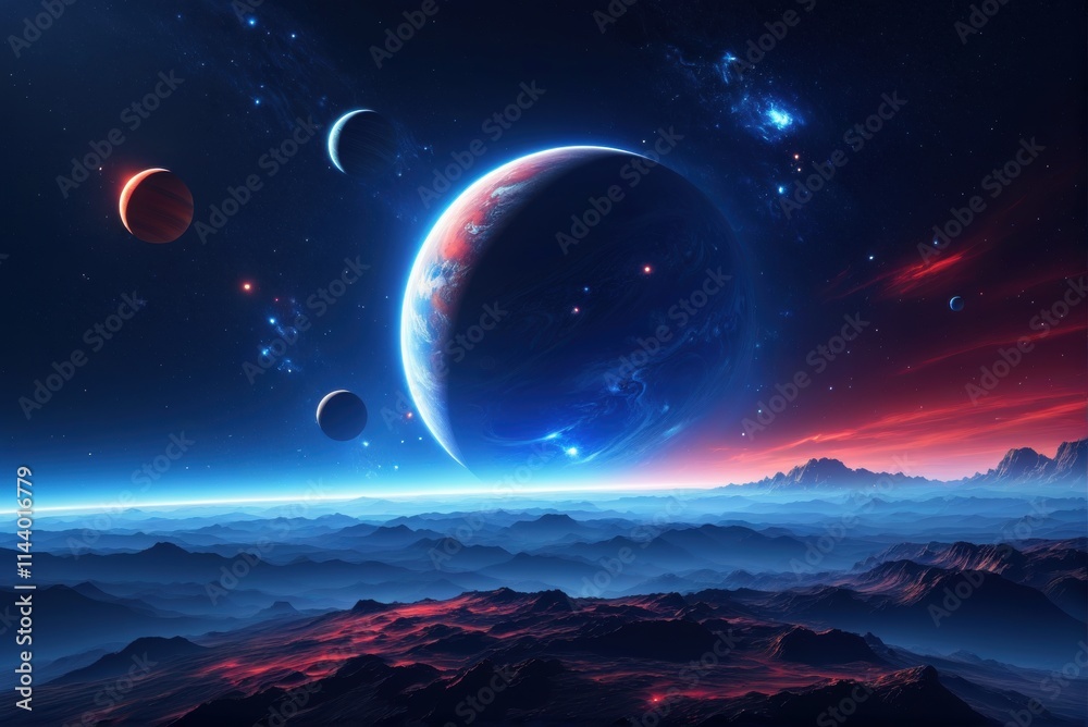 A breathtaking view of a celestial landscape, featuring a vibrant planet, a smaller moon, and a breathtaking sunset over a sea of fluffy clouds. A breathtaking view of a celestial landscape, featuring a vibrant planet, a smaller moon, and a breathtaking sunset over a sea of fluffy clouds.