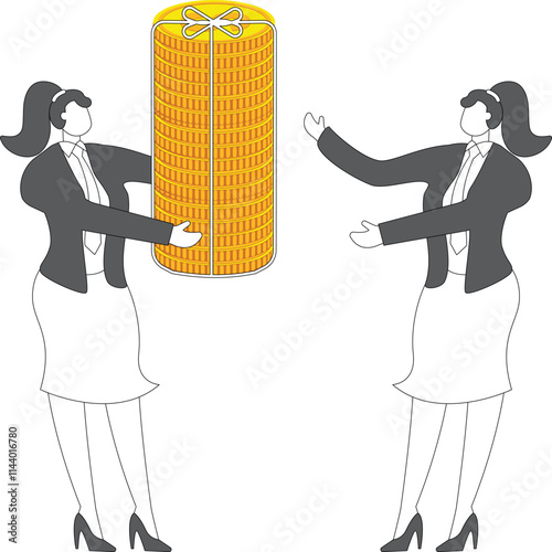 Hand holding a pile of bundled gold coins to give businesswomen, economic stimulus and fiscal stimulus measures