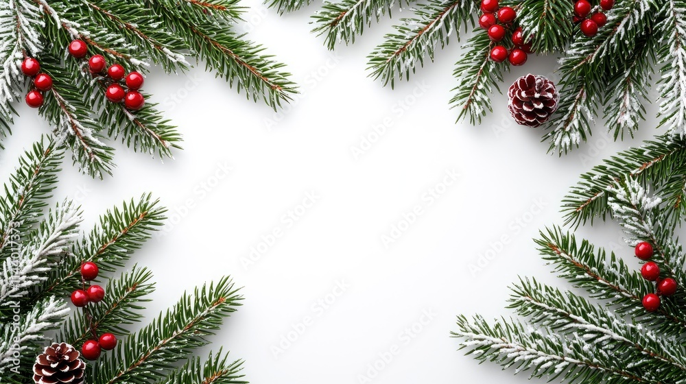Festive Christmas Border with Snow-Covered Pine Branches, Holly Berries, and Pine Cones on White Festive Christmas Border with Snow-Covered Pine Branches, Holly Berries, and Pine Cones on White