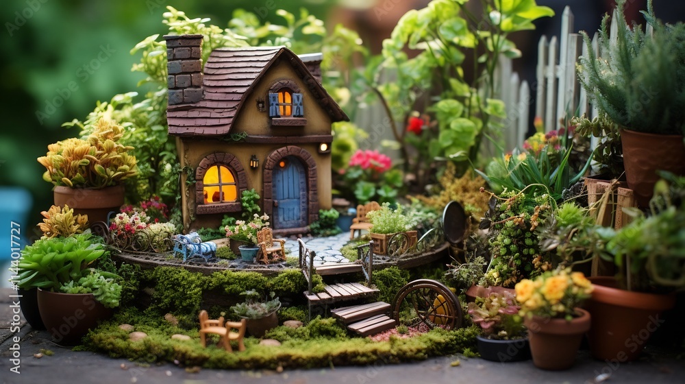 Enchanting fairy garden with tiny intricate plants miniature houses and whimsical fanciful that create a magical dreamlike atmosphere Enchanting fairy garden with tiny intricate plants miniature houses and whimsical fanciful that create a magical dreamlike atmosphere