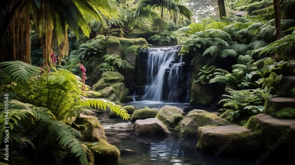 Enchanting Waterfall Cascading Through a Picturesque Garden Oasis Surrounded by Vibrant Ferns Flowering Shrubs and Verdant Foliage