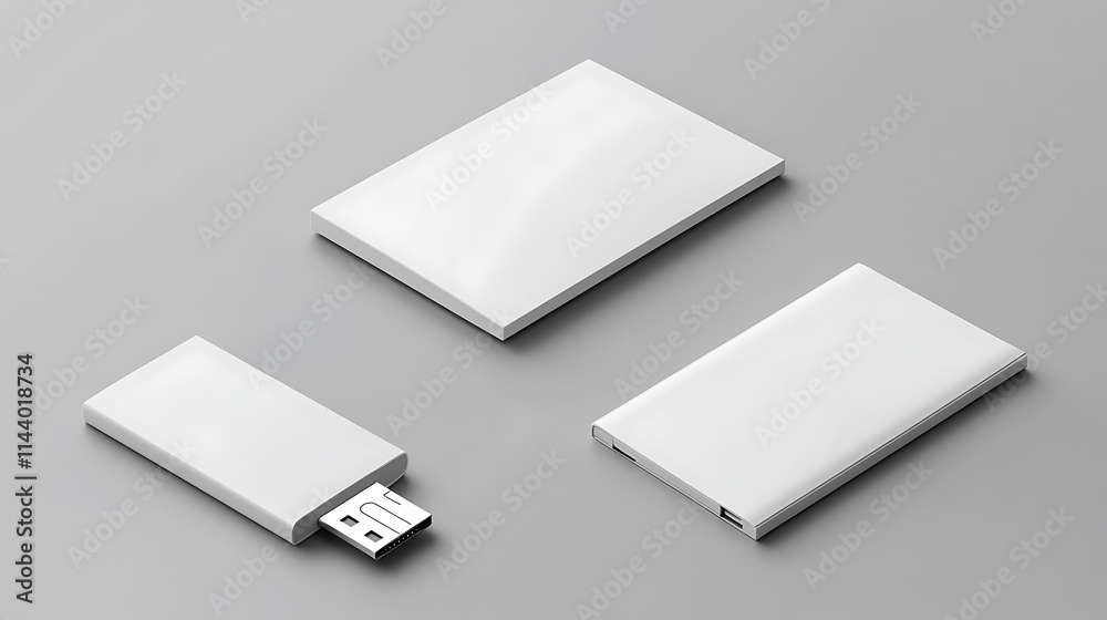 Three Blank White USB Mockups Laying Flat Photo. AI Generated Three Blank White USB Mockups Laying Flat Photo. AI Generated