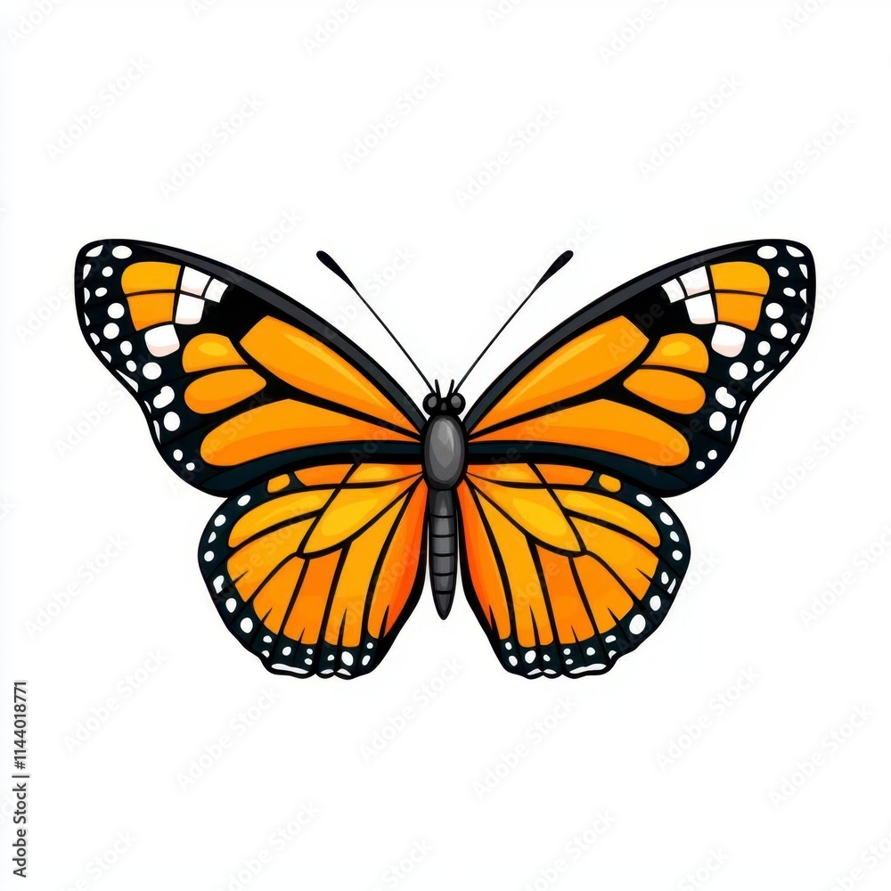 Obraz premium A photostock of a cartoon butterfly perched with folded bright orange wings, isolated on a clean white background, elegant and animated, High Quality