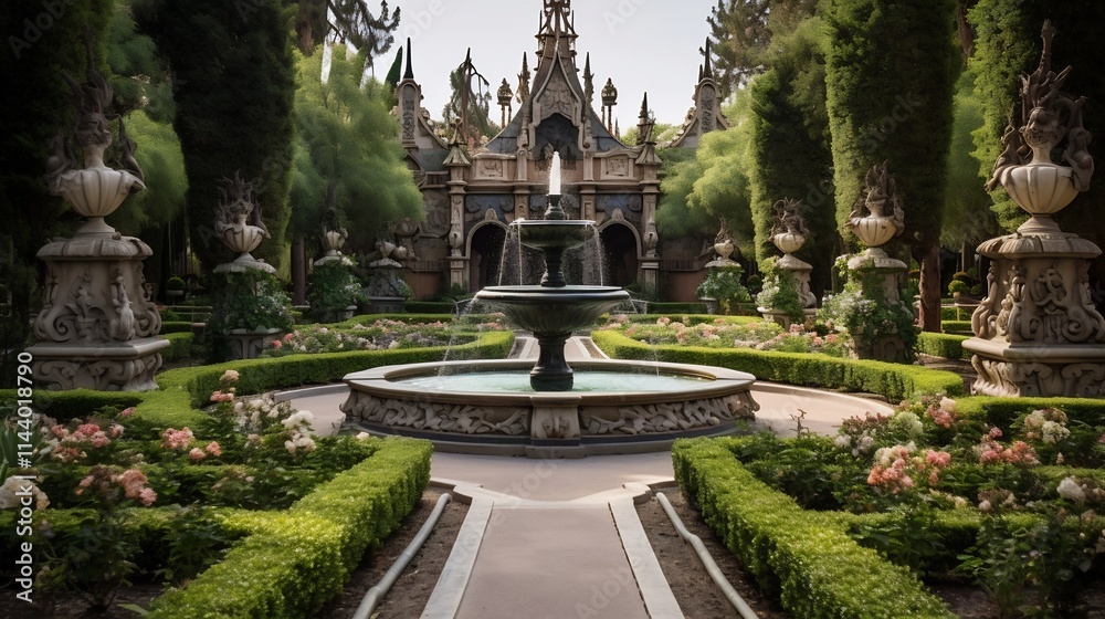 Obraz premium Ornate Victorian Style Garden with Symmetrical Flower Beds Decorative Fountains and Sculpted Statues in a Serene Elegant Landscape
