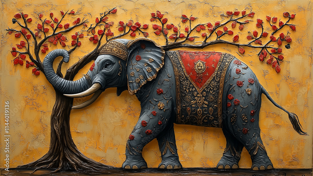 Fototapeta premium A striking elephant art piece embellished with vibrant floral designs.