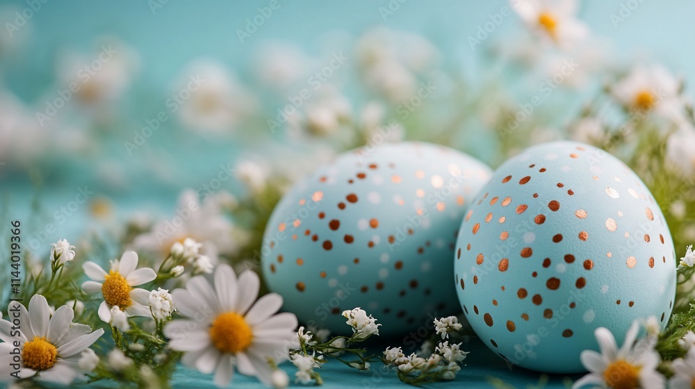 Pastel blue Easter eggs decorated with gold dots nestled amongst white daisies. Pastel blue Easter eggs decorated with gold dots nestled amongst white daisies.