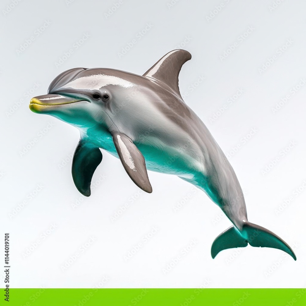 Fototapeta premium A photostock of a cartoon dolphin jumping with a joyful expression, isolated on a clean white background, sleek and fun, High Quality