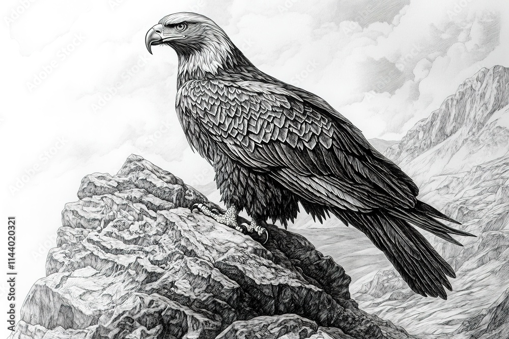 Fototapeta premium traditional engraving of majestic eagle perched on rocky ledge with detailed feathers and rugged landscape