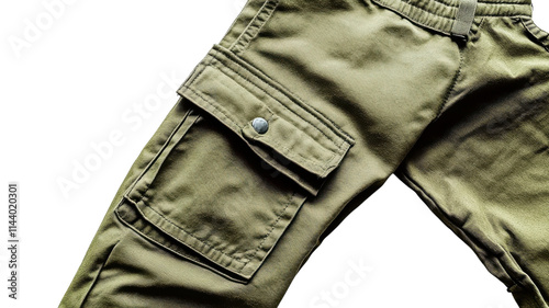 Casual olive green cargo pants with multiple pockets on a transparent background for clothing display or online shopping. photo