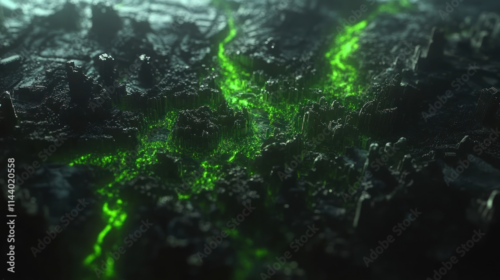 Fototapeta premium Glowing green energy flows through a dark, rough, textured landscape.