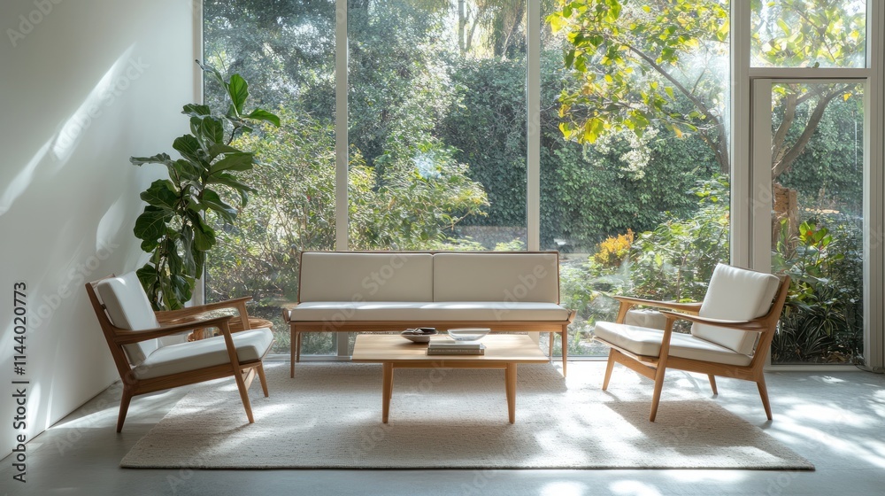 Modern living room furniture set with light wood chairs, sofa, and coffee table near large windows. Modern living room furniture set with light wood chairs, sofa, and coffee table near large windows.