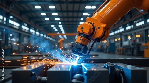 Industrial robot arm welding metal sparks fly in a modern factory. Advanced technology and automation.