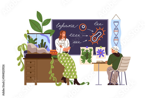 Teacher explains animals' anatomy near blackboard in classroom. Student studies, learning biology in science class. Woman teaches at school. Flat isolated vector illustration on white background