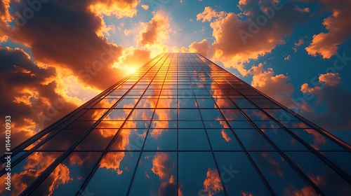 Sunset sky bathes the sleek glass skyscraper in vibrant glowing light picture