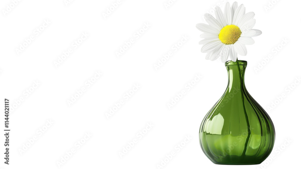 Elegant Green Glass Vase Featuring a Single White Daisy Perfect for Home Decor and Floral Arrangements. Elegant Green Glass Vase Featuring a Single White Daisy Perfect for Home Decor and Floral Arrangements.