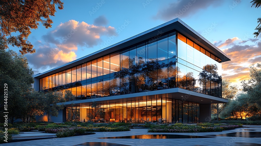 The glass office building glimmers at dusk above reflective water surfaces picture The glass office building glimmers at dusk above reflective water surfaces picture