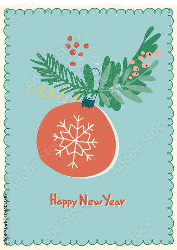 Vintage card Happy New Year with Traditional Christmas and New Year symbols and decorations for festive projects, invitations, wall posters, social media and for home, crafts and goods