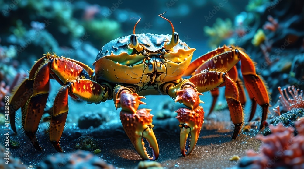 Giant Crab in the Deep Sea with Bioluminescent Light. Giant Crab in the Deep Sea with Bioluminescent Light.