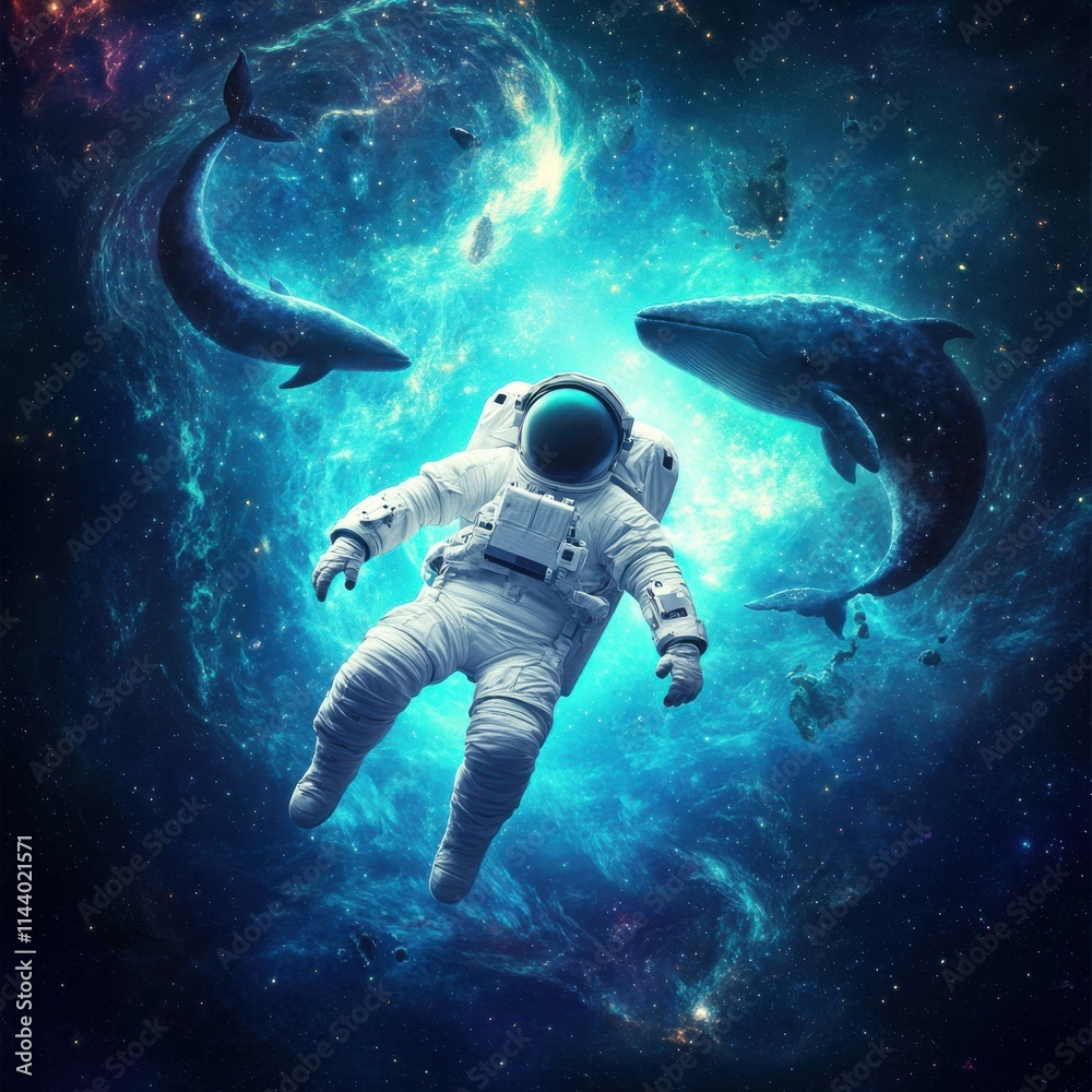 Fototapeta premium Astronaut Floating Amid Mysterious Cosmic Ocean with Whales and Dolphins, Surrounded by Stars and Galaxies in an Enchanting Space Scene of Wonder and Exploration
