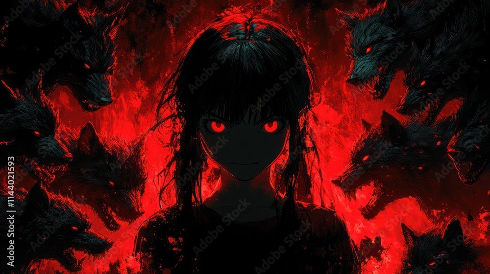 Anime girl with red eyes surrounded by fiery wolves. Anime girl with red eyes surrounded by fiery wolves.