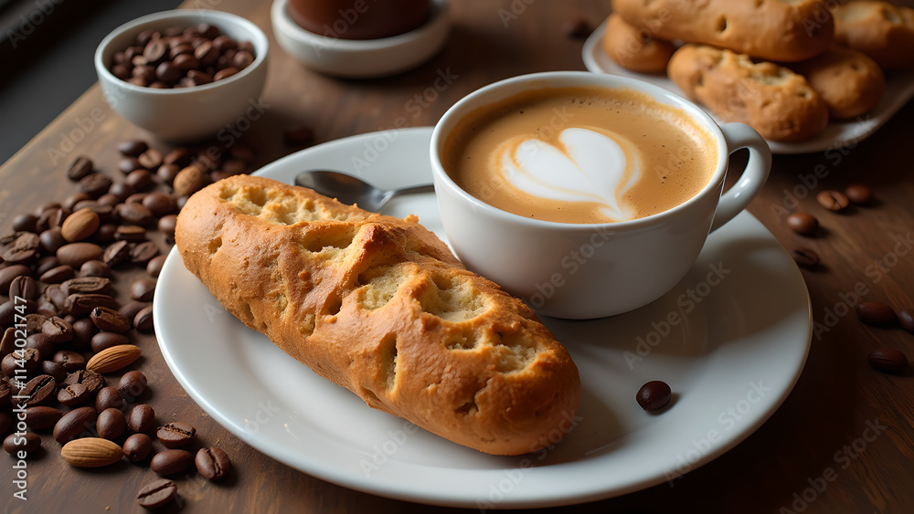 Coffee and biscotti served on a white plate with coffee beans Coffee and biscotti served on a white plate with coffee beans