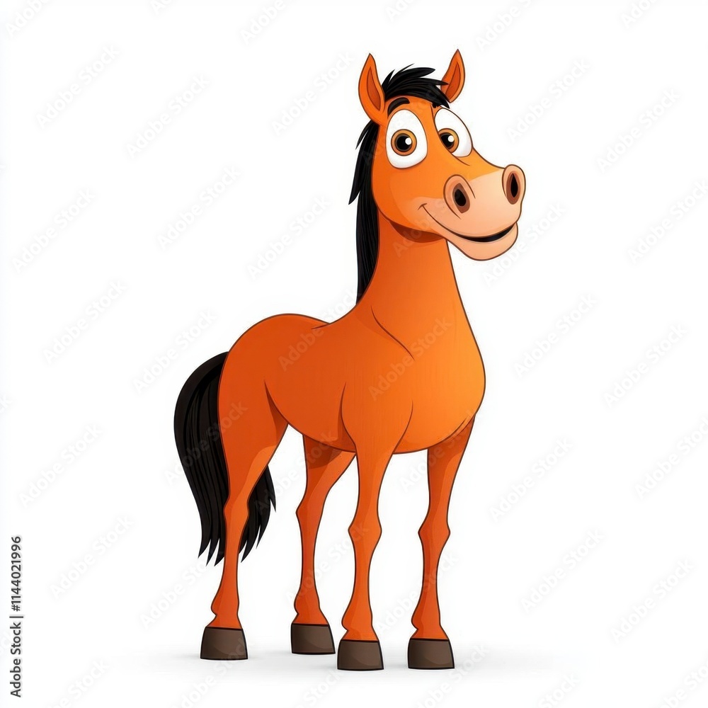 A photostock of a cartoon horse with a shiny brown coat and a joyful expression, isolated on a clean white background, animated and fun, High Quality A photostock of a cartoon horse with a shiny brown coat and a joyful expression, isolated on a clean white background, animated and fun, High Quality