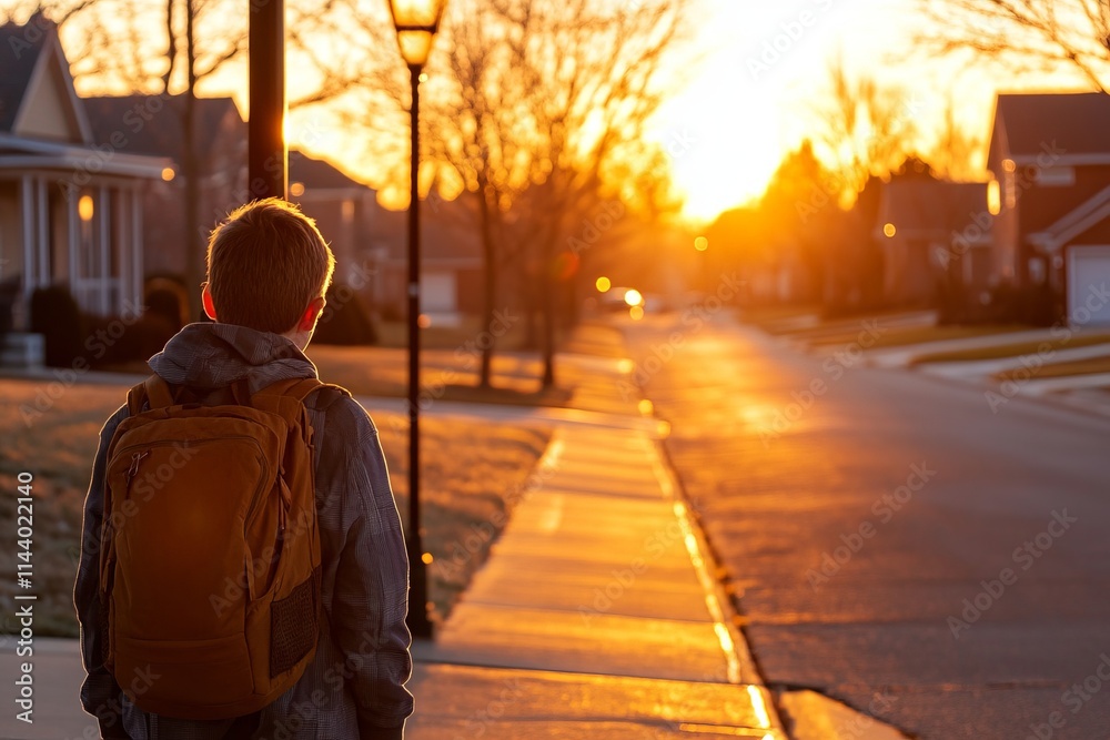 Young student waiting at bus stop in suburban neighborhood during autumn Young student waiting at bus stop in suburban neighborhood during autumn